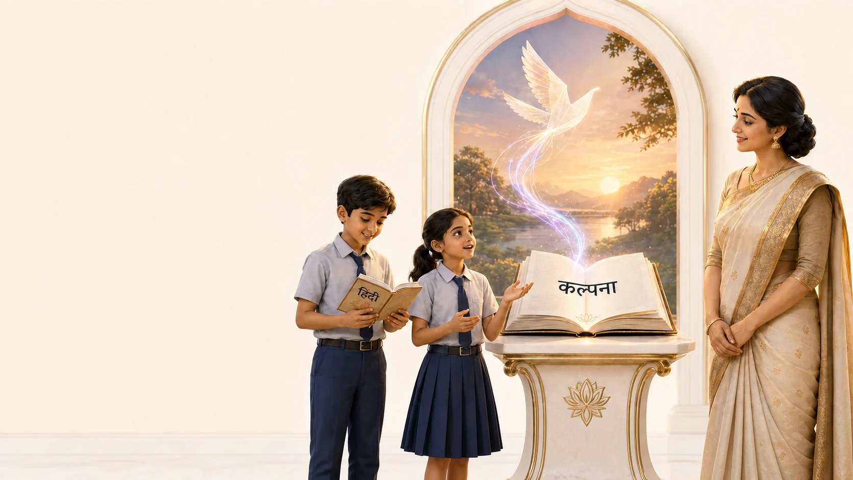 विद्यार्थी और शिक्षिका एक उज्ज्वल साहित्यिक परिवेश में हिंदी पाठ का अर्थ समझते हुए